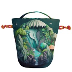 Waterfall Jungle Nature Paper Craft Trees Tropical Drawstring Bucket Bag by Ravend
