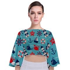 Seamless-pattern-nautical-icons-cartoon-style Tie Back Butterfly Sleeve Chiffon Top by Salman4z