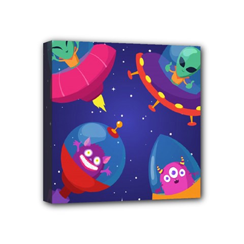 Cartoon-funny-aliens-with-ufo-duck-starry-sky-set Mini Canvas 4  X 4  (stretched) by Salman4z