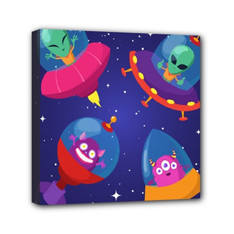 Cartoon-funny-aliens-with-ufo-duck-starry-sky-set Mini Canvas 6  X 6  (stretched) by Salman4z