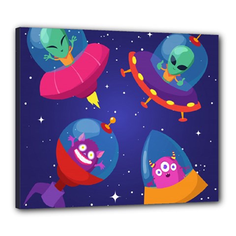 Cartoon-funny-aliens-with-ufo-duck-starry-sky-set Canvas 24  X 20  (stretched) by Salman4z