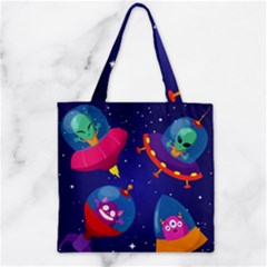 Cartoon-funny-aliens-with-ufo-duck-starry-sky-set Zipper Grocery Tote Bag by Salman4z