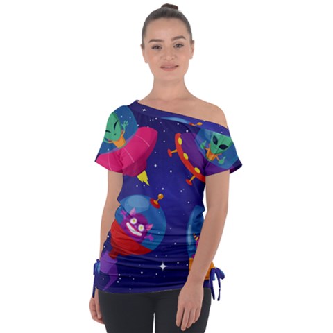 Cartoon-funny-aliens-with-ufo-duck-starry-sky-set Off Shoulder Tie-up Tee by Salman4z