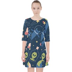 Seamless-pattern-with-funny-aliens-cat-galaxy Quarter Sleeve Pocket Dress by Salman4z