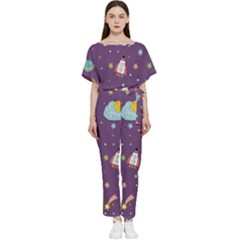 Space-travels-seamless-pattern-vector-cartoon Batwing Lightweight Chiffon Jumpsuit by Salman4z