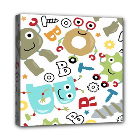 Seamless-pattern-vector-with-funny-robots-cartoon Mini Canvas 8  X 8  (stretched) by Salman4z