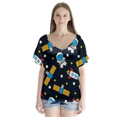 Seamless-adventure-space-vector-pattern-background V-neck Flutter Sleeve Top by Salman4z