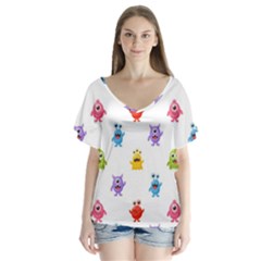 Seamless-pattern-cute-funny-monster-cartoon-isolated-white-background V-neck Flutter Sleeve Top by Salman4z