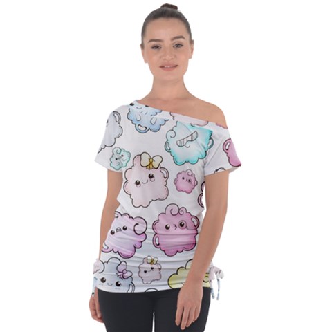 Cute-doodle-cartoon-seamless-pattern Off Shoulder Tie-up Tee by Salman4z
