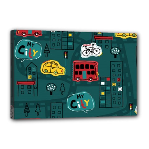 Seamless-pattern-hand-drawn-with-vehicles-buildings-road Canvas 18  X 12  (stretched) by Salman4z