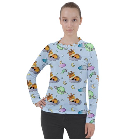 Pattern Giraffe Animal Seamless Scrapbooking Blue Women s Pique Long Sleeve Tee by pakminggu