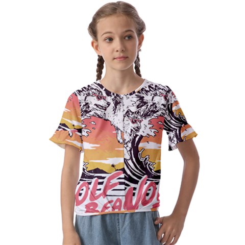 Gray Wolf Beach Waves A Wolf Animal Retro Kids  Cuff Sleeve Scrunch Bottom Tee by pakminggu
