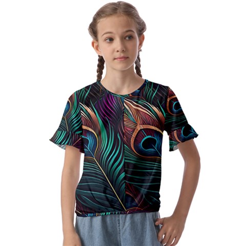Peacock Feathers Nature Feather Pattern Kids  Cuff Sleeve Scrunch Bottom Tee by pakminggu
