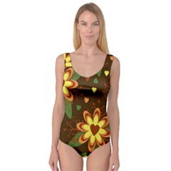 Floral Hearts Brown Green Retro Princess Tank Leotard  by danenraven