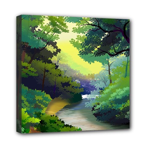 Landscape Illustration Nature Forest River Water Mini Canvas 8  X 8  (stretched) by Mog4mog4