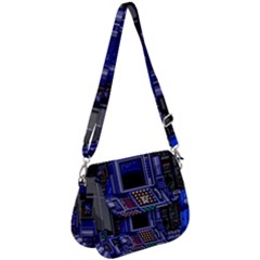 Blue Computer Monitor With Chair Game Digital Wallpaper, Digital Art Saddle Handbag by Bakwanart