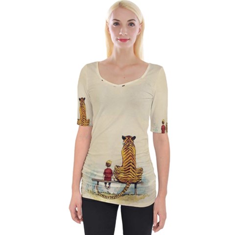 Tiger Sitting Beside Boy Painting Parody Cartoon Wide Neckline Tee by Bakwanart