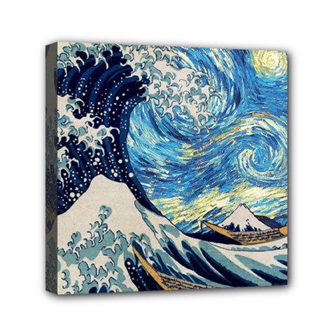 The Great Wave Of Kanagawa Painting Hokusai, Starry Night Vincent Van Gogh Mini Canvas 6  X 6  (stretched) by Bakwanart