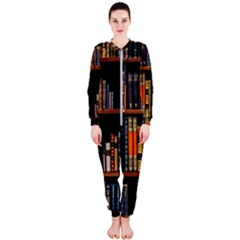 Assorted Title Of Books Piled In The Shelves Assorted Book Lot Inside The Wooden Shelf Onepiece Jumpsuit (ladies) by 99art