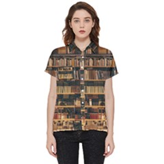 Books On Bookshelf Assorted Color Book Lot In Bookcase Library Short Sleeve Pocket Shirt by 99art