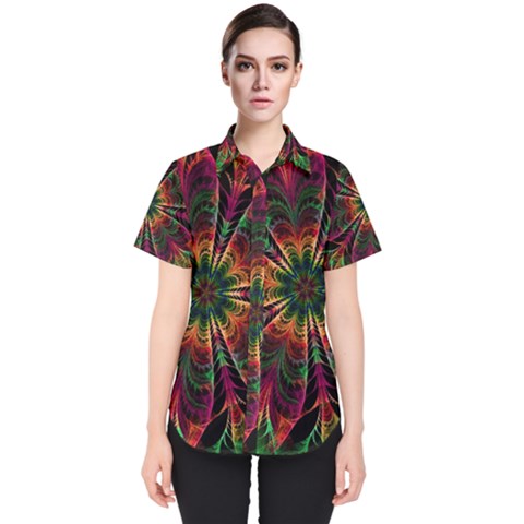 Multicolored Flower Mandala Wallpaper Kaleidoscope Pattern Women s Short Sleeve Shirt by 99art