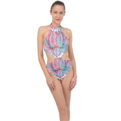 Lotus Feathers Boho Watercolor Halter Side Cut Swimsuit by 99art