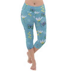 Butterfly Flower Blue Background Lightweight Velour Capri Yoga Leggings by danenraven