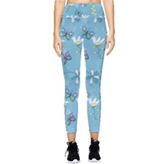 Butterfly Flower Blue Background Pocket Leggings  by danenraven