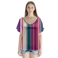 Vertical Line Color Lines Texture V-neck Flutter Sleeve Top by Bangk1t