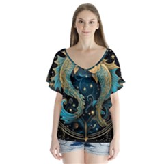 Fish Star Sign V-neck Flutter Sleeve Top by Bangk1t