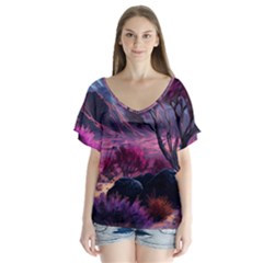 Landscape Painting Purple Tree V-neck Flutter Sleeve Top by Ndabl3x
