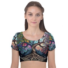 Tree Colourful Velvet Short Sleeve Crop Top  by Ndabl3x