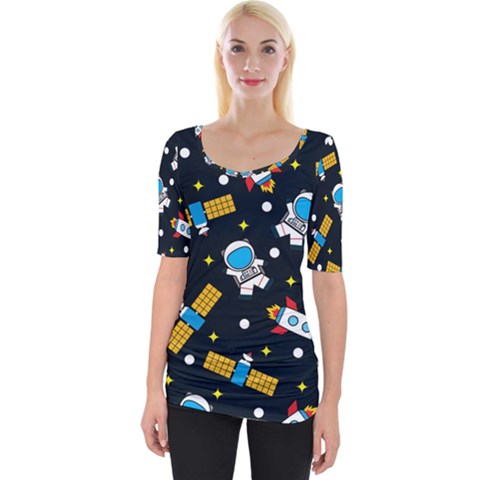 Seamless-adventure-space-vector-pattern-background Wide Neckline Tee by Wav3s