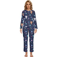 Cute Astronaut Cat With Star Galaxy Elements Seamless Pattern Womens  Long Sleeve Lightweight Pajamas Set by Wegoenart