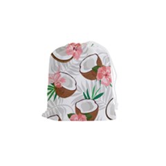 Seamless Pattern Coconut Piece Palm Leaves With Pink Hibiscus Drawstring Pouch (small) by Vaneshart
