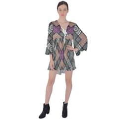 Mandala Decoration Floral Flower V-neck Flare Sleeve Mini Dress by Vaneshop