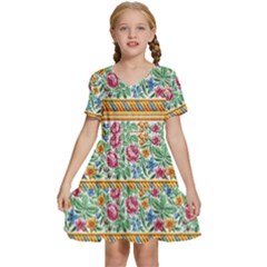 Flower Fabric Design Kids  Short Sleeve Tiered Mini Dress by Vaneshop