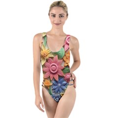 Flower Bloom Embossed Pattern High Leg Strappy Swimsuit by Vaneshop
