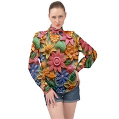 Flower Bloom Embossed Pattern High Neck Long Sleeve Chiffon Top by Vaneshop
