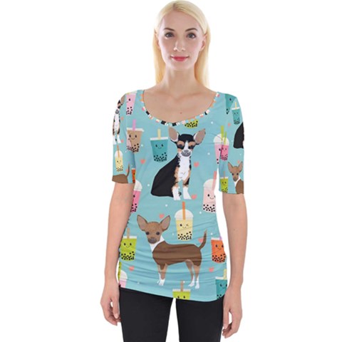 Chihuahua Bubble Kawaii Boba Tea Cute Dog Wide Neckline Tee by Wav3s