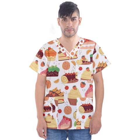 Seamless Pattern Hand Drawing Cartoon Dessert And Cake Men s V-neck Scrub Top by Wav3s