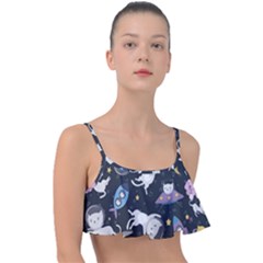 Space Cat Illustration Pattern Astronaut Frill Bikini Top by Wav3s