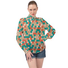 Multicolored Honeycomb Colorful Abstract Geometry High Neck Long Sleeve Chiffon Top by Vaneshop