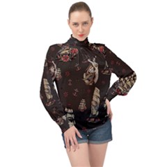 Vintage Tattoos Nautical High Neck Long Sleeve Chiffon Top by Vaneshop