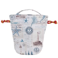 Nautical Lighthouse Vintage Postcard French Writing Drawstring Bucket Bag by Vaneshop