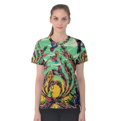 Monkey Tiger Bird Parrot Forest Jungle Style Women s Cotton Tee by Grandong