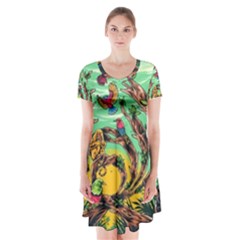 Monkey Tiger Bird Parrot Forest Jungle Style Short Sleeve V-neck Flare Dress by Grandong