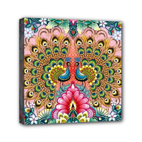Pink Peacock Bird Pattern Texture Mini Canvas 6  X 6  (stretched) by Cowasu
