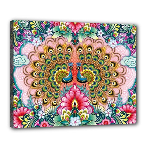 Pink Peacock Bird Pattern Texture Canvas 20  X 16  (stretched) by Cowasu