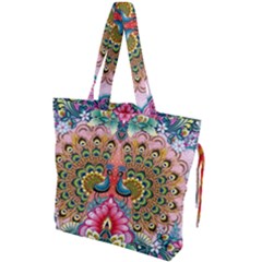 Pink Peacock Bird Pattern Texture Drawstring Tote Bag by Cowasu